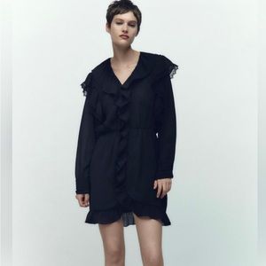 Zara Black Lace Appliqué Ruffled Dress in Size S